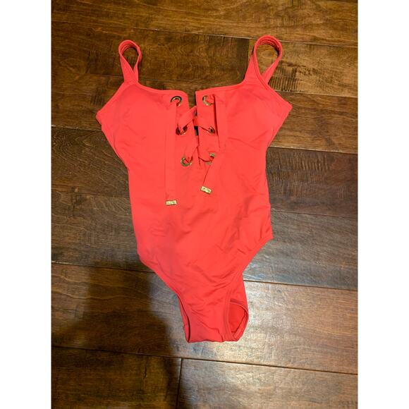 Michael Kors Sea Coral Lace-Up One-Piece Swimsuit - Sz 8 - Picture 2 of 6